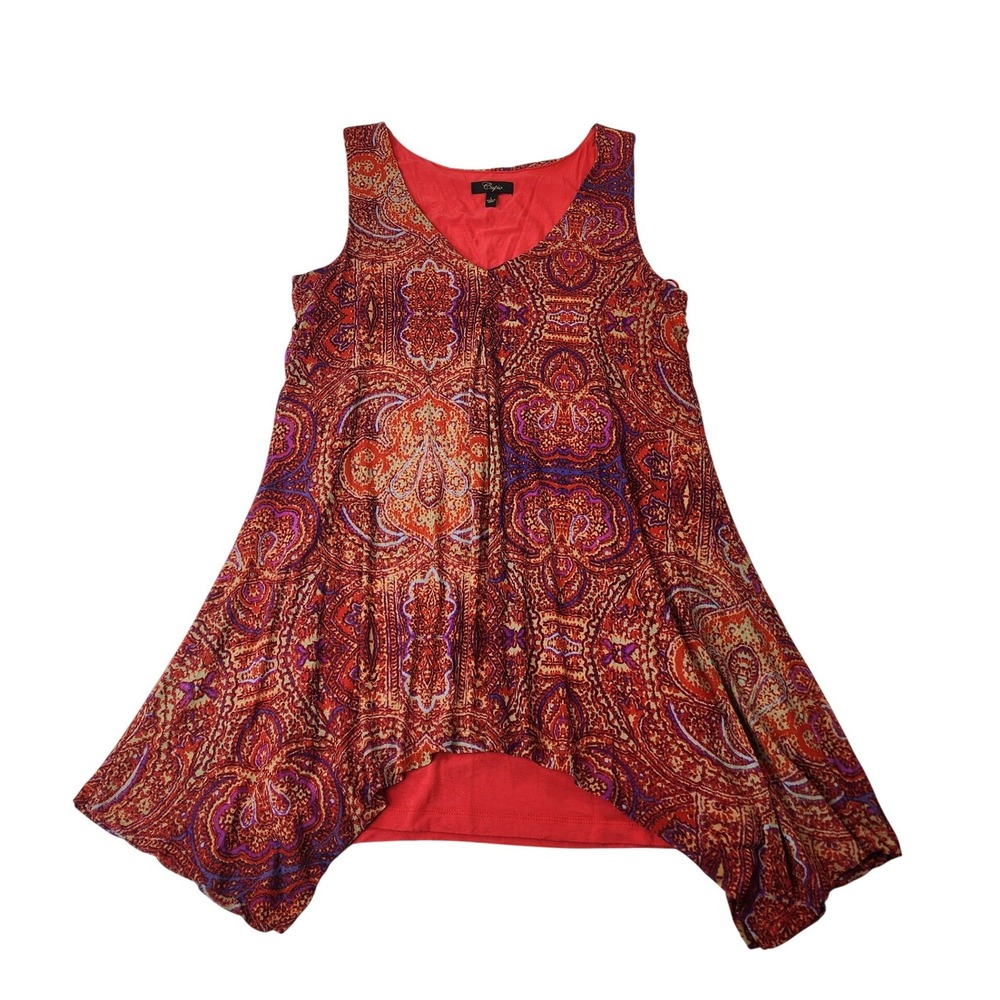 Cupio Sleeveless Tunic L Orange Paisley High Low Sharkbite Hem CM20448